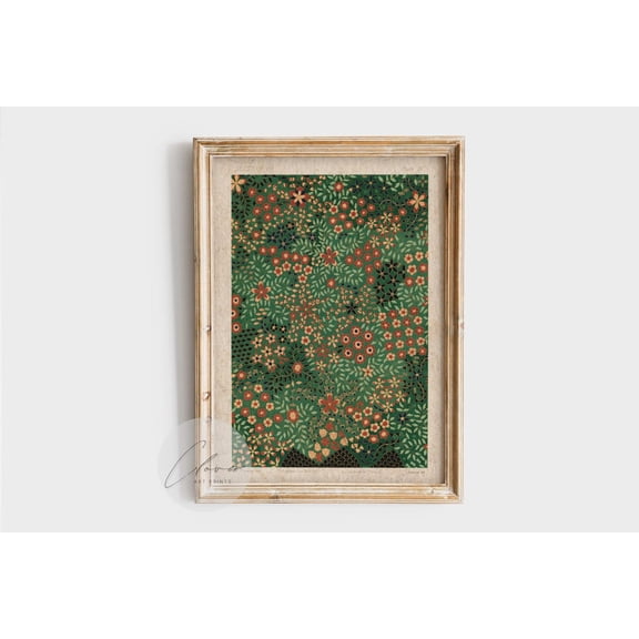 Vintage Floral Art, Red And Green Botanical Print,Wall Decor, Festive Pattern Art Print Home Decor #45, Unframed Poster Size 8x12