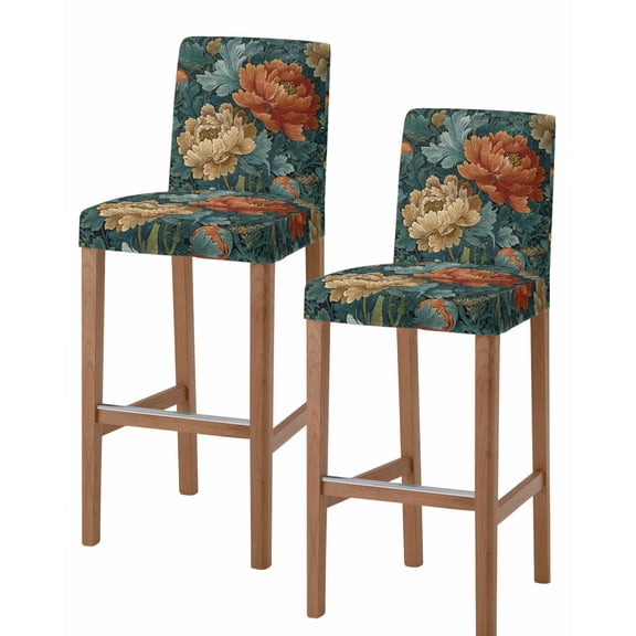 Vintage Floral Bar Stool Covers Set of 2, Boho Red White Floral Leaves Country Vintage Stretch Bar Chair Covers with Backs, Removable Pub Counter Height Chair Cover for Kitchen Dining Room Cafe