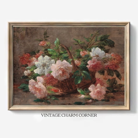 Vintage Floral Basket Pink Rose Garden Shabby Chic Art, UNFRAMED Size 16x16