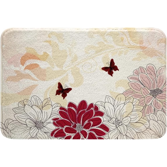 Vintage Floral Bathroom Rug,Abstract Chrysanthemum Flower Sketch Non Slip Bath Mat Kids Adult,Butterfly Animals Plants Shaggy Absorbent Floor Mat Rustic Nature Bath Indoor Doormat Decor,16"x24"