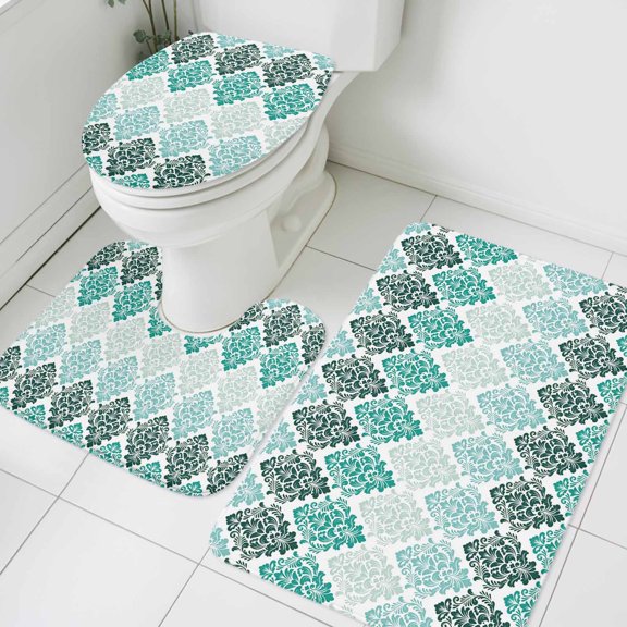 Vintage Floral Bathroom Rugs Set Dark Green Flower Pattern Country Gradient Non Slip Absorbent Soft Bath Mats 3 Piece Set with Bathroom Rug, U-Shaped Floor Mat, Toilet Seat Cover Large Size