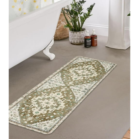 Vintage Floral Bathroom Runner Rug Khaki Non-Slip Boho Long Bathroom Rug Oriental Soft Machine Washable Bath Mat Traditional Geometric Tribal Floor Mats for Sink Tub Entryway, 18x47 inch