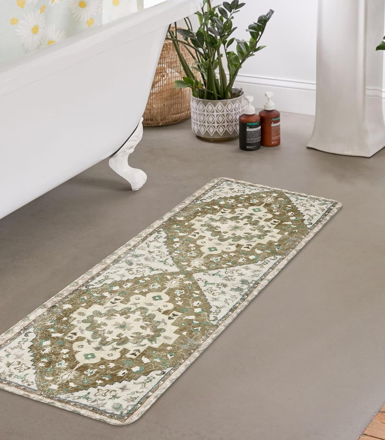 Vintage Floral Bathroom Runner Rug Khaki NonSlip Boho Long Bathroom