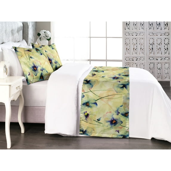 Vintage Floral Bed Runner Set, Watercolor Pansy Flowers with Dreamy Hues Nostalgic Inspirations, Decorative Bedding Scarf & 2 Pillow Shams for Hotels Homes, Queen, Avocado Green Purple, by Ambesonne