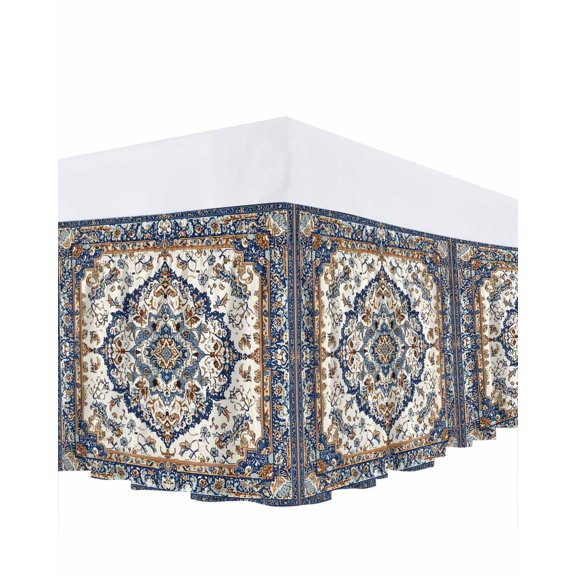 Vintage Floral Bed Skirt Navy Brown Classical Bohemian Style Bed Skirts Queen Size 16 Inch Drop, Wrap Around Dust Ruffle&nbsp;Bedskirt with Adjustable Elastic Belt for Queen Size Beds