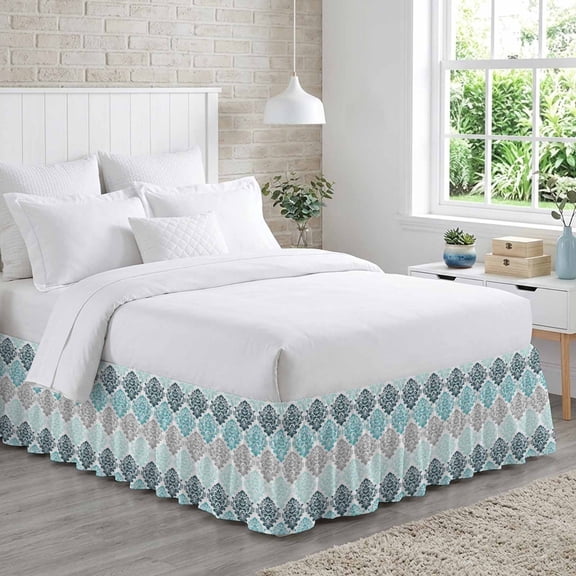 Vintage Floral Bed Skirt Queen Size 18 Inch Drop, Green Gray Flower Pattern Country Gradient Adjustable Elastic Dust Ruffles Bedskirt for Queen Bed Wrap Around Pleated Mattress Frame Cover
