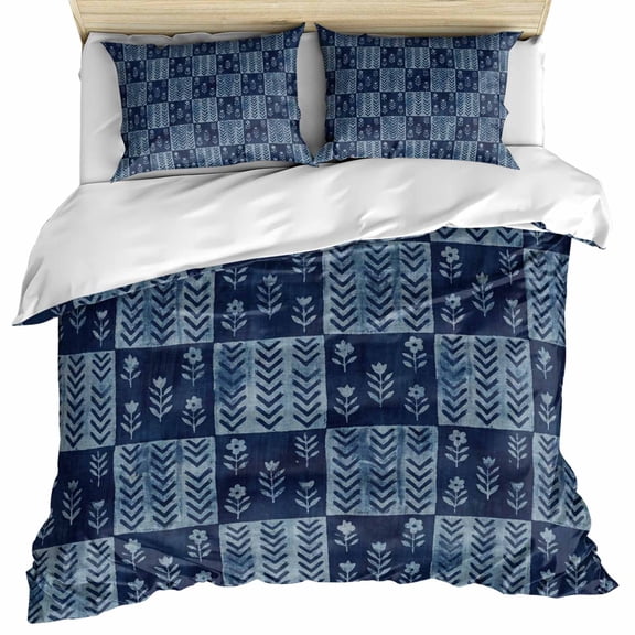 Vintage Floral Bedding 3 Piece Duvet Cover Set Queen Size, Abstract Flowers Patchwork Country Navy Blue Microfiber Comforter Cover with Zipper Closure & Pillowcases, FadeResistant Quilt Cover