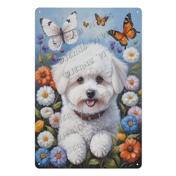 Vintage Floral Bichon Frise Metal Tin Sign Unique Dog Lover Gift for Women, Moms, Teen Girls Shabby Chic Wall Decor for Kitchen or Garden 8x12 inch