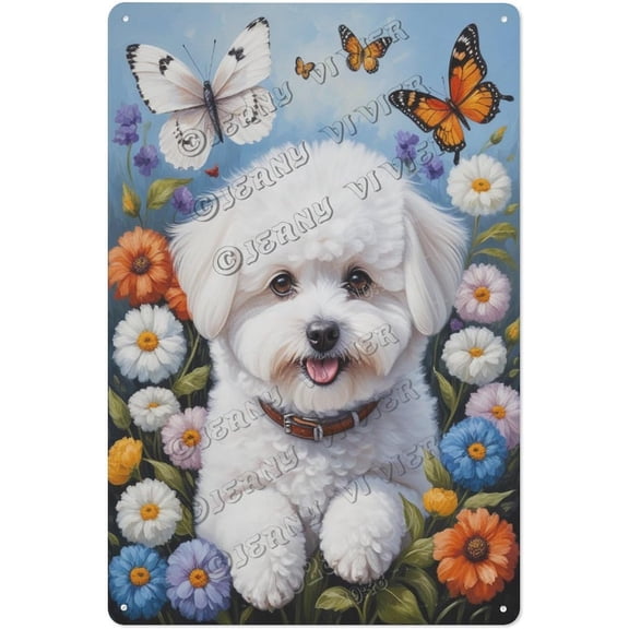 Vintage Floral Bichon Frise Metal Tin Sign Unique Dog Lover Gift for Women, Moms, Teen Ladys Shabby Chic Wall Decor for Kitchen or Garden 12x16 inch