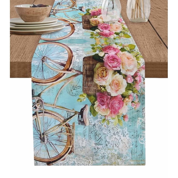 Vintage Floral Bicycle Burlap Cotton Table Runner 13x60 Inches Long, Spring Farmhouse Flowers Farmhouse Table Runners, Outdoor Dining Tablecloths Decor for Baby Shower/Party/Wedding