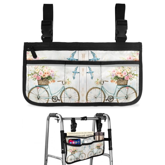 Vintage Floral Bicycle Wheelchair Side Bag, Wheelchair Walker Armrest Bags with Cup Holder & Reflective Stripes, Mobility Scooter Walker Rollator Wheelchair Accessories Spring Farmhouse Bird Wood