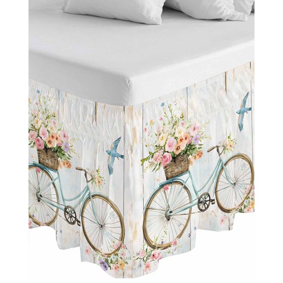 Vintage Floral Bicycle Wrap Around Bed Skirts for Queen Bed 18" Drop,Bed Skirt with Adjustable Elastic Belt Dust Ruffle Bed Valance for Bedroom Hotel Luxury Spring Farmhouse Bird Wood Bed Frame Cover
