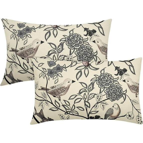 Vintage Floral Bird Lumbar Pillow Covers 12x20 Inch Set of 2 Black Gray Flowers Leaves Decorative Throw Pillows For Couch Chinoiserie Pillow Cases Home Decor For Sofa Bed Porch Living Room Outdoor