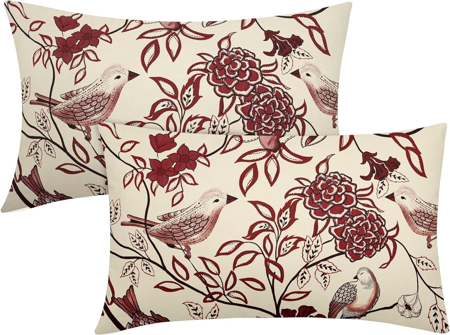 Vintage Floral Bird Lumbar Pillow Covers 12x20 Inch Set of
