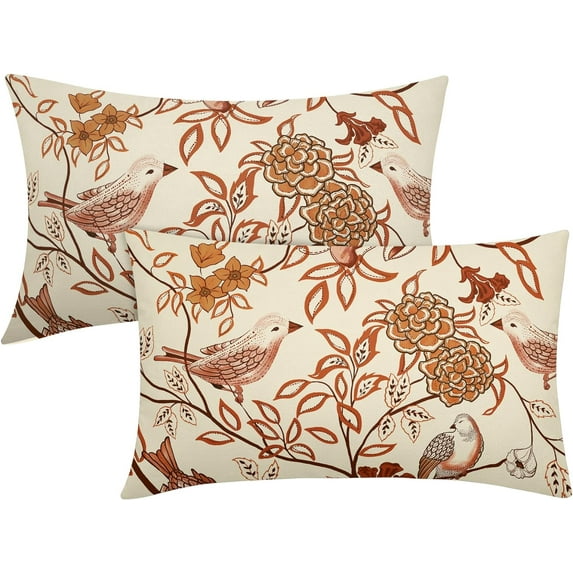 Vintage Floral Bird Lumbar Pillow Covers 12x20 Inch Set of 2 Burnt Orange Flowers Leaves Decorative Throw Pillows For Couch Chinoiserie Pillow Cases Home Decor For Sofa Bed Porch Living Room Outdoor