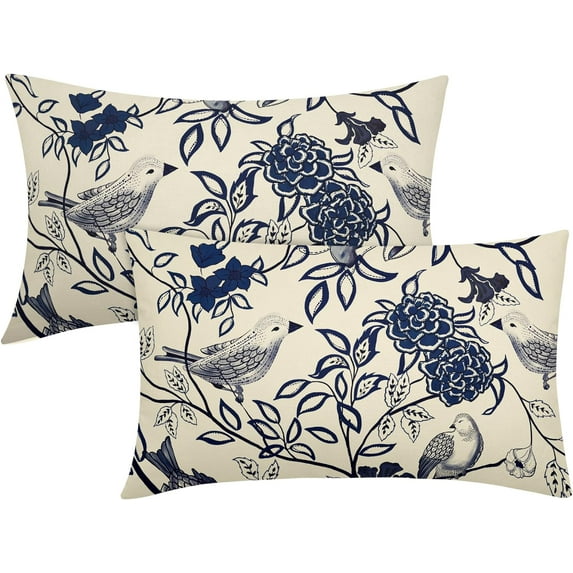 Vintage Floral Bird Lumbar Pillow Covers 12x20 Inch Set of 2 Navy Blue Flowers Leaves Decorative Throw Pillows For Couch Chinoiserie Pillow Cases Home Decor For Sofa Bed Porch Living Room Outdoor