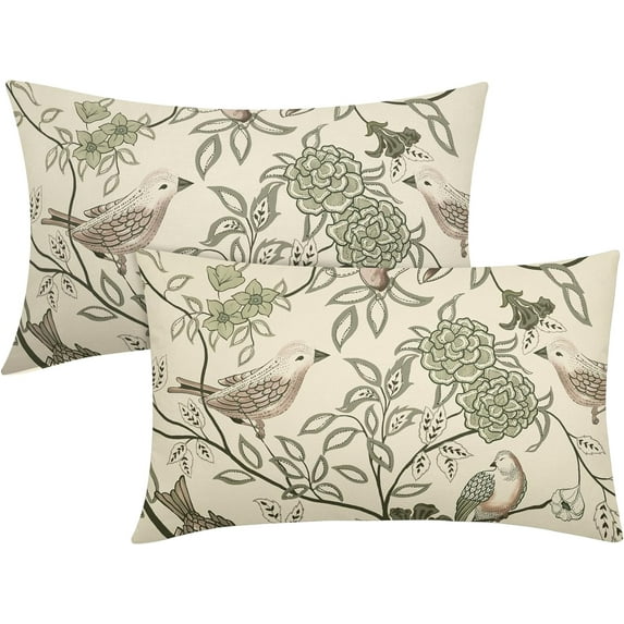 Vintage Floral Bird Lumbar Pillow Covers 12x20 Inch Set of 2 Olive Green Flowers Leaves Decorative Throw Pillows For Couch Chinoiserie Pillow Cases Home Decor For Sofa Bed Porch Living Room Outdoor