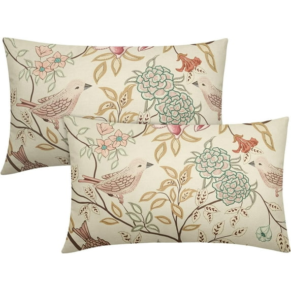 Vintage Floral Bird Lumbar Pillow Covers 12x20 Inch Set of 2 Pink Green Flowers Leaves Decorative Throw Pillows for Couch Chinoiserie Pillow Cases Home Decor for Sofa Bed Porch Living Room Outdoor