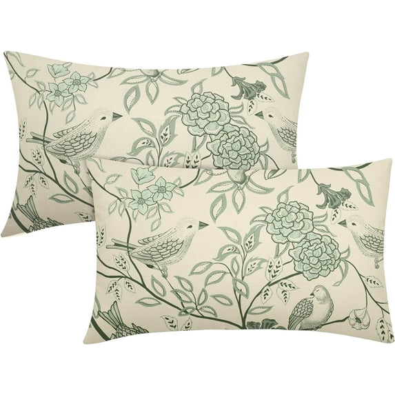 Vintage Floral Bird Lumbar Pillow Covers 12x20 Inch Set of 2 Sage Green Flowers Leaves Decorative Throw Pillows For Couch Chinoiserie Pillow Cases Home Decor For Sofa Bed Porch Living Room Outdoor