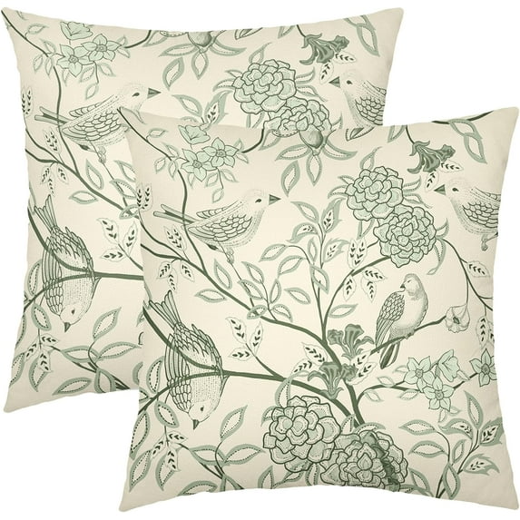 Vintage Floral Bird Pillow Covers 16x16 Inch Set of 2 Sage Green Flowers Leaves Decorative Throw Pillows For Couch Chinoiserie Square Pillow Cases Home Decor For Sofa Bed Porch Living Room Outdoor
