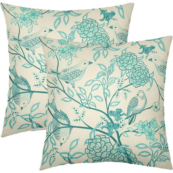 Vintage Floral Bird Pillow Covers 18x18 Inch Set of 2 Aqua Flowers Leaves Decorative Throw Pillows for Couch Chinoiserie Square Pillow Cases Home Decor for Sofa Bed Porch Living Room Outdoor