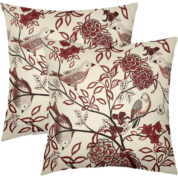 Vintage Floral Bird Pillow Covers 18x18 Inch Set of 2 Burgundy Flowers Leaves Decorative Throw Pillows For Couch Chinoiserie Square Pillow Cases Home Decor For Sofa Bed Porch Living Room Outdoor