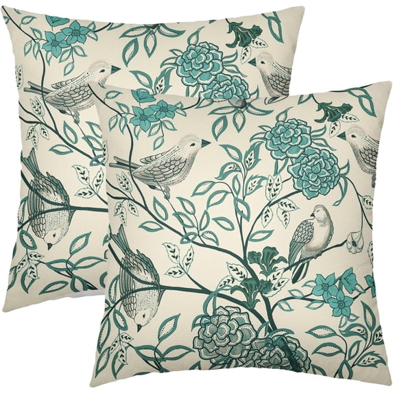 Vintage Floral Bird Pillow Covers 18x18 Inch Set of 2 Teal Flowers Leaves Decorative Throw Pillows for Couch Chinoiserie Square Pillow Cases Home Decor for Sofa Bed Porch Living Room Outdoor