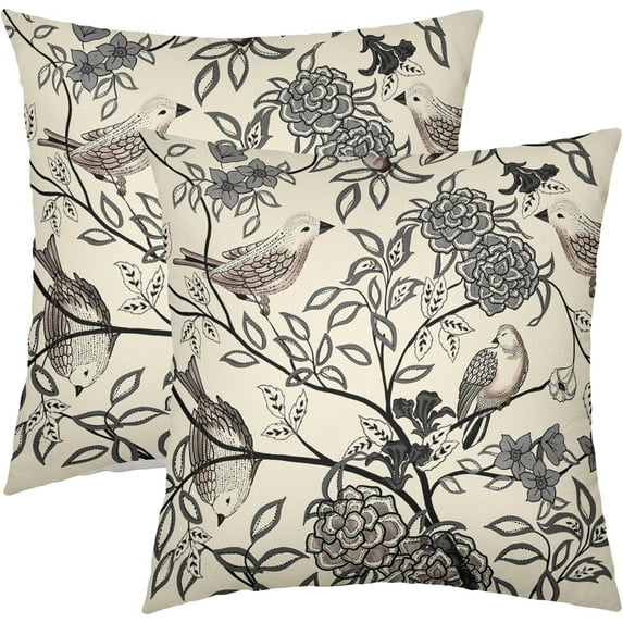 Vintage Floral Bird Pillow Covers 20x20 Inch Set of 2 Black Gray Flowers Leaves Decorative Throw Pillows For Couch Chinoiserie Square Pillow Cases Home Decor For Sofa Bed Porch Living Room Outdoor
