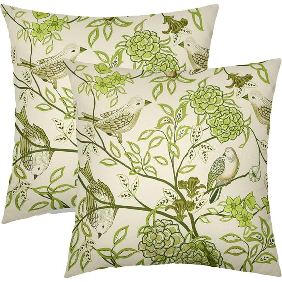 Vintage Floral Bird Pillow Covers 20x20 Inch Set of 2 Lime Green Flowers Leaves Decorative Throw Pillows For Couch Chinoiserie Square Pillow Cases Home Decor For Sofa Bed Porch Living Room Outdoor