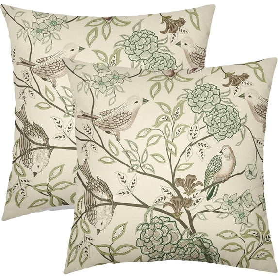 Vintage Floral Bird Pillow Covers 20x20 Inch Set of 2 Olive Green Brown Flowers Leaves Decorative Throw Pillows For Couch Chinoiserie Square Pillow Cases Home Decor For Sofa Bed Porch Room Outdoor