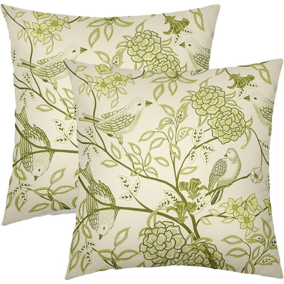 Vintage Floral Bird Pillow Covers 20x20 Inch Set of 2 Sage Olive Green Flowers Leaves Decorative Throw Pillows For Couch Chinoiserie Square Pillow Cases Home Decor For Sofa Bed Porch Room Outdoor