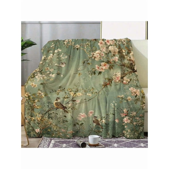 Vintage Floral Bird Print Flannel Blanket - Soft All-Season Throw for Sofa, Bed, Travel, Camping, Car & Office, Green Background, Perfect Gift