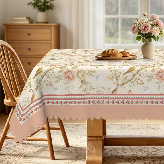 Vintage Floral Bird Rectangle Tablecloth,60x84 Inch,Waterproof Stain Resistant Table Cover For Dining Room Kitchen Decor