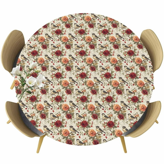 Vintage Floral Bird Round Tablecloth 36-44 Inch Round Fitted Table Cloth with Elastic Edge, Spring Rose Flowert Botanical Leaf Waterproof Table Cover Protector for Outdoor Picnic Party Dining
