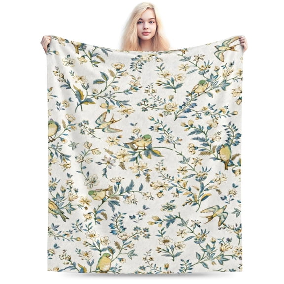 Vintage Floral Bird Throw Blanket, Elegant Botanical Pattern Decorative Blanket for Sofa Couch Bed 50x40