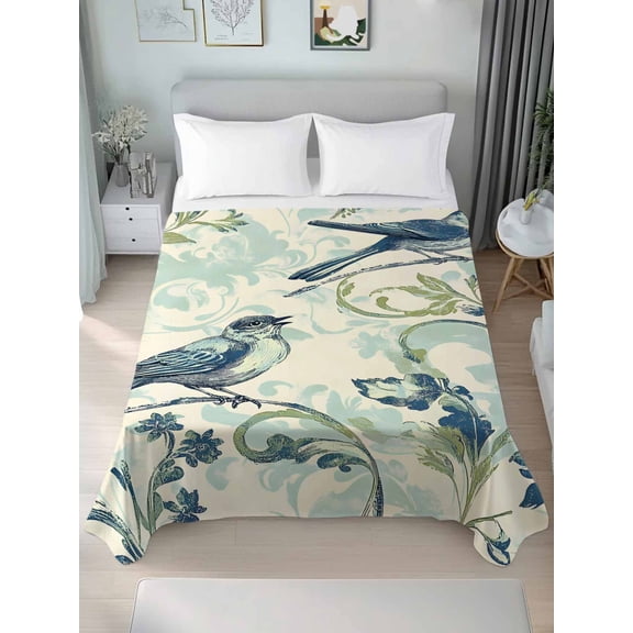 Vintage Floral Bird Twim Size Flat Sheet, Wrinkleproof & Fadeproof Cooling Flat Bed Sheet Only, Retro Summer Botanical Breathable Soft Bedding Top Sheets 66 x 96 Inches