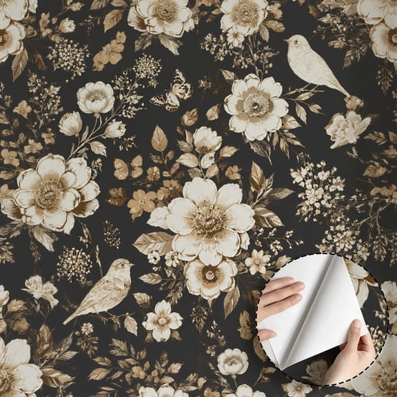 Vintage Floral Bird Wallpaper, Peel and Stick Waterproof Wall Decoration for Bedroom Living Room Kitchen Cabinet Drawer, Self Adhesive Removable Botanical Contact Paper 17.7 * 118 in