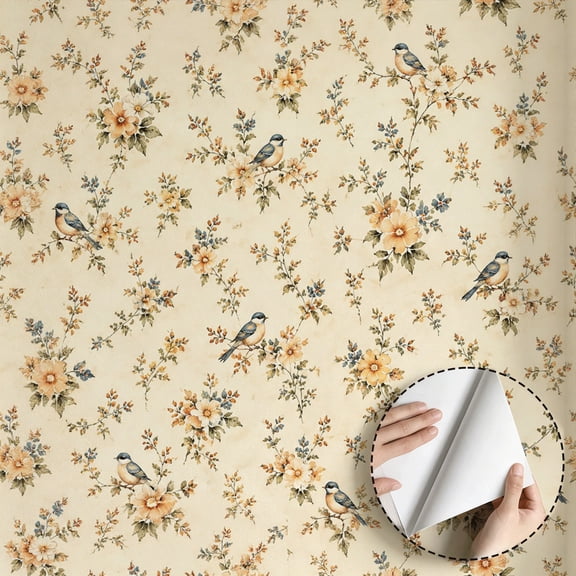 Vintage Floral Bird Wallpaper Rustic Farmhouse Peel and Stick Wallpaper Contact Paper Waterproof Home Decor for Bedroom Living Room Dorm Room Kitchen Cabinet Drawer 17.7*78.7in