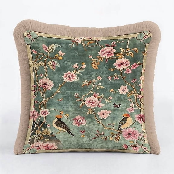 Vintage Floral Bird With Tassel Cushion Cover Set of 2, Decoration For Living Room