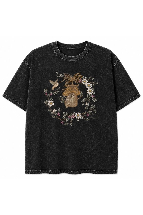 Vintage Floral Birdhouse Graphic Mineral Wash T-Shirt, Unisex Classic Fit