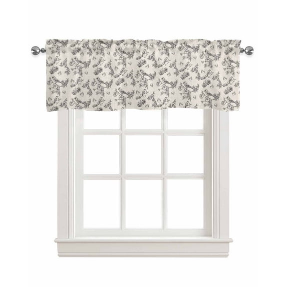 Vintage Floral Birds Linen Curtain Valance for Bedroom/Bathroom/Kitchen/Office/Living/Dining Room Window,Botanical Flower Blossom Beige Pocket Topper Drapes Decorative Cafe Drapery Panel 42"x12"