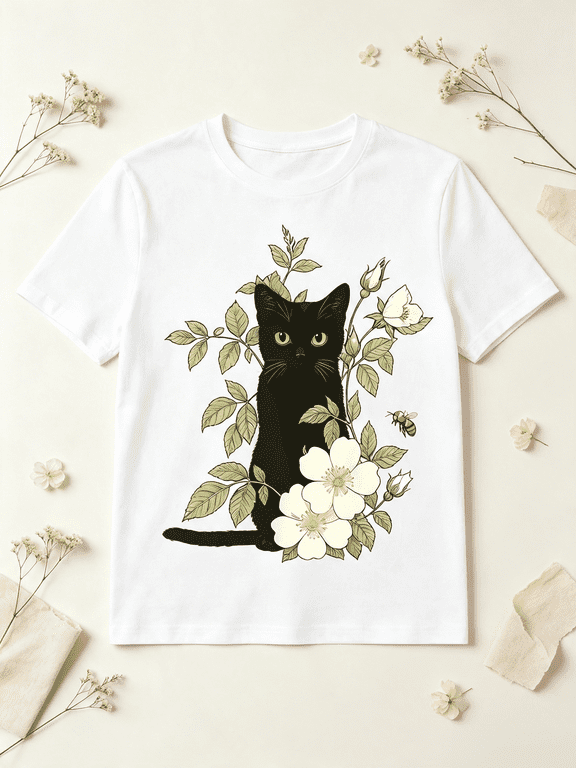 Vintage Floral Black Cat Graphic T-Shirt for Women, Aesthetic Wild Rose Bee Print Crew Neck Casual Summer Top