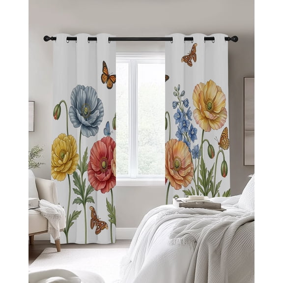 Vintage Floral Blackout Curtains 2 Panels, Yellow Red Blue Poppy Butterfly Watercolor Flowers Thermal Insulated Grommet Window Curtains for Bedroom Living Room 42"x45"