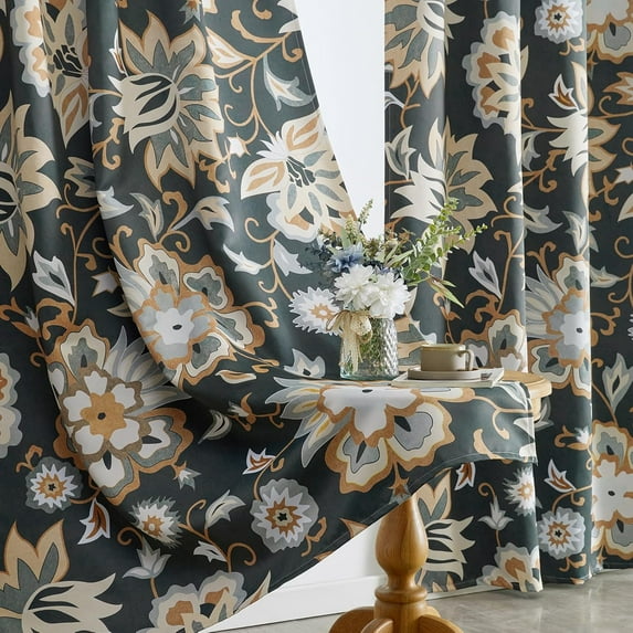 Vintage Floral Blackout Curtains for Bedroom 84-Inch Length 2 Panels, Moody Black Flowers Boho Tribal Window Curtain, Room Darkening Thermal Insulated Country Farmhouse Curtain Panels