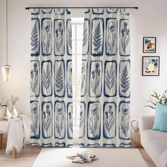 Vintage Floral Blackout Curtains for Bedroom/Living Room, Pinch Pleated Black Out Curtains, Country Tie-dye Flowers Plants Blue Beige Room Darkening Window Drapes with Hooks 2 Panels, 39"x70"