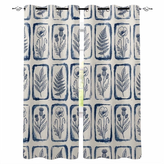 Vintage Floral Blackout Curtains for Bedroom/Living Room, Thermal Insulated Kitchen Curtains, Country Tie-dye Flowers Plants Blue Beige Grommet Darkening Window Treatment Drapes 42"x84"x2