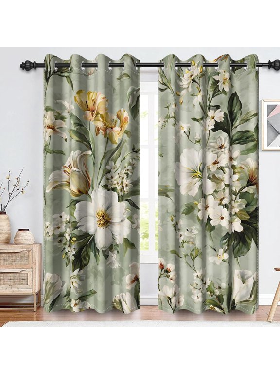 Vintage Floral Blackout Curtains For Bedroom Retro White Flowers Blossom Leaves Window Curtain Printed Pattern Art Thermal Insulated Drapes For Living Room Decor 38"W x 45"L (Pack of 2)