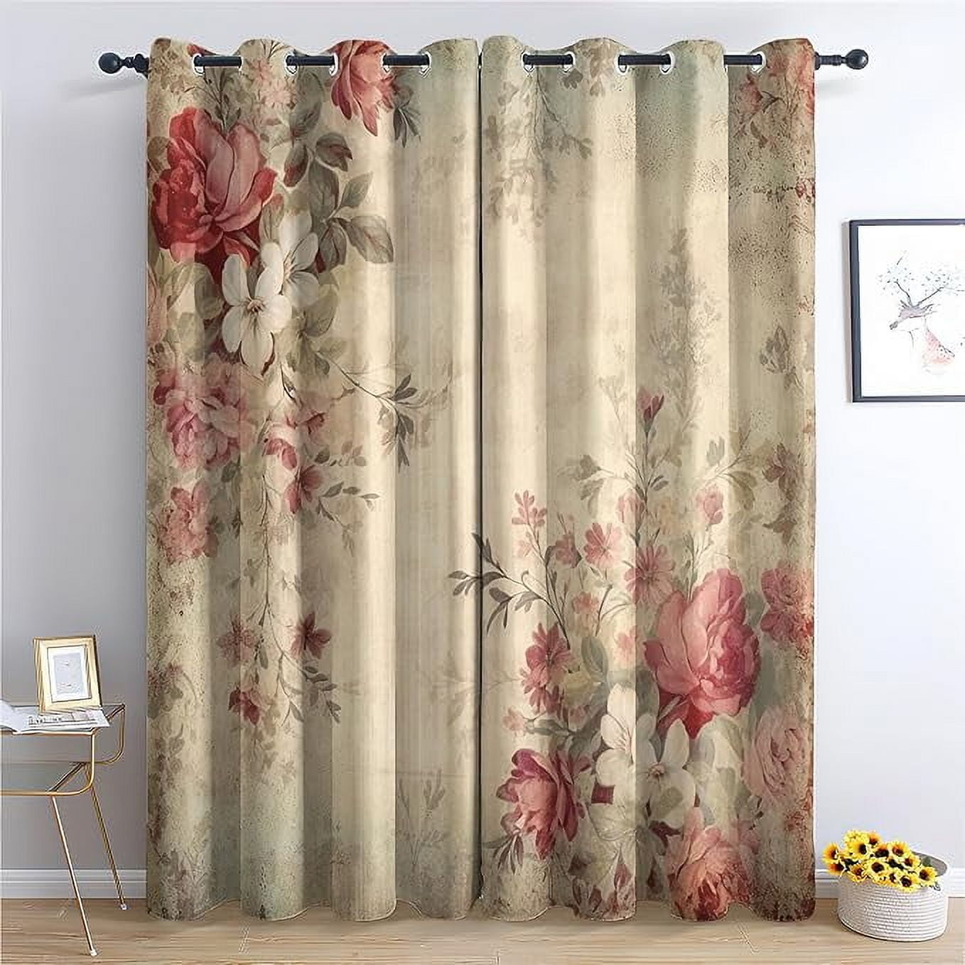 Vintage Floral Blackout Curtains, Thermal Insulated Room Darkening ...