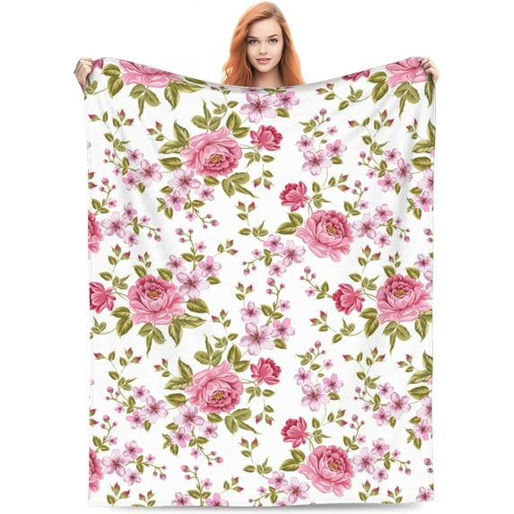 Vintage Floral Blanket Gifts for Women Watercolor Pink Rose Peony Chic Flower Romantic Retro Rustic Modern Fashion Throw Blankets for Room Couch Decor Soft Lightweight Warm Cozy 40x50in
