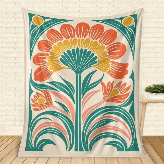 Vintage Floral Blanket - Soft Flannel Sofa Bed Cover - Teal Orange Pink - All-Season Decor - Fade-Resistant Easy Clean - Living Room Bedroom Decor